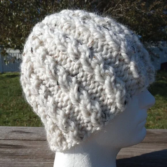 Alpaca Beanie Skully Hat Men Thick Chunky Hand Knit Wool Rib Biscotti White M-L - Picture 4 of 9